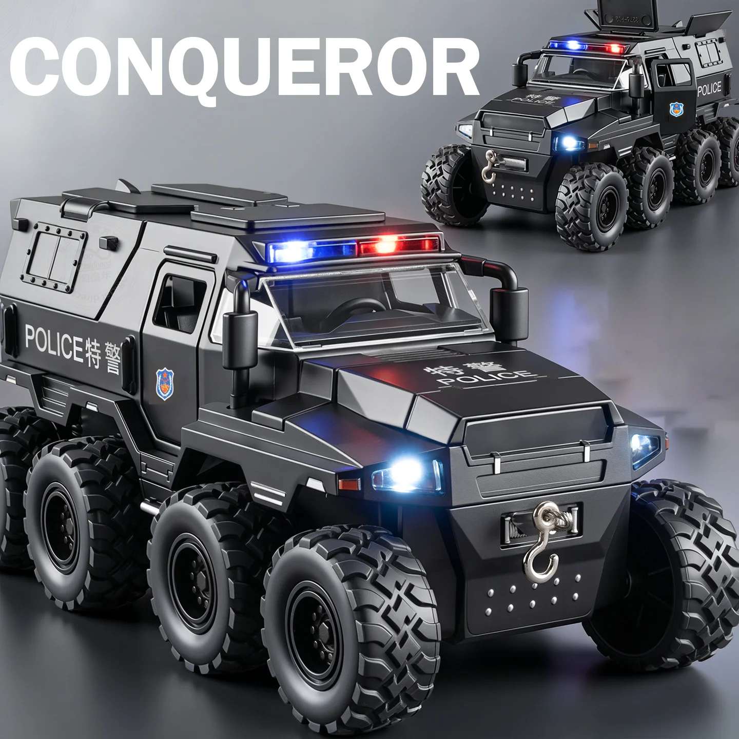 

1:32 Conqueror SWAT Police Car Model Toys Metal Diecast Off-road Vehicles Sound Light Pull Back Doors Opened Educational Models