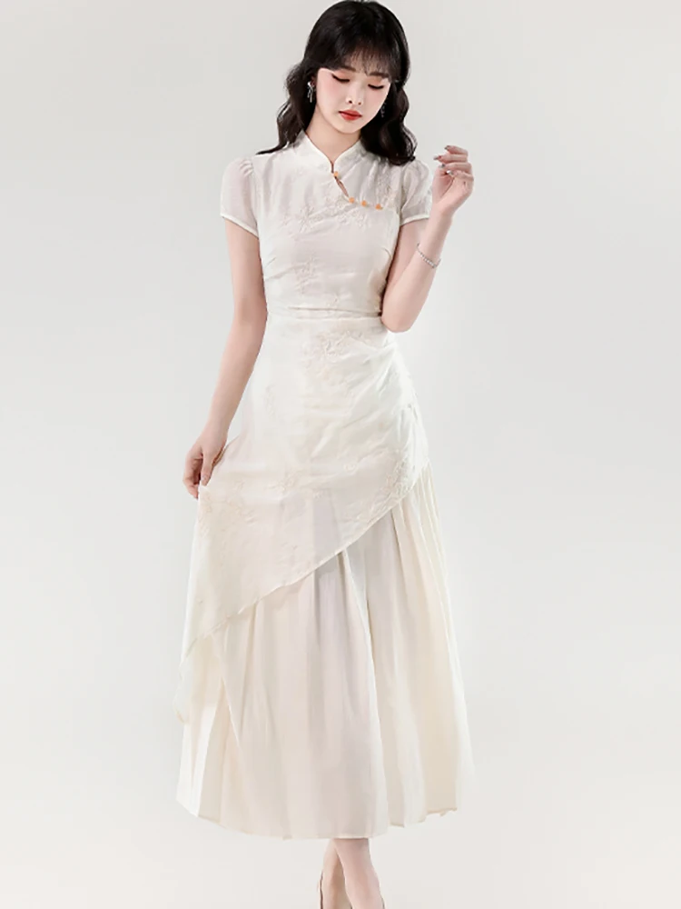 Mulheres coreano vintage luxo festa vestidos verão branco jacuqard retalhos diamantes vestido 2025 novo elegante bodycon vestidos longos