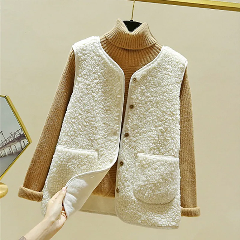 

Autumn Winter Polyester Women's Coat Round Collar Sleeveless Cardigan Button Pockets Loose Solid Fashion Office Lady Coat