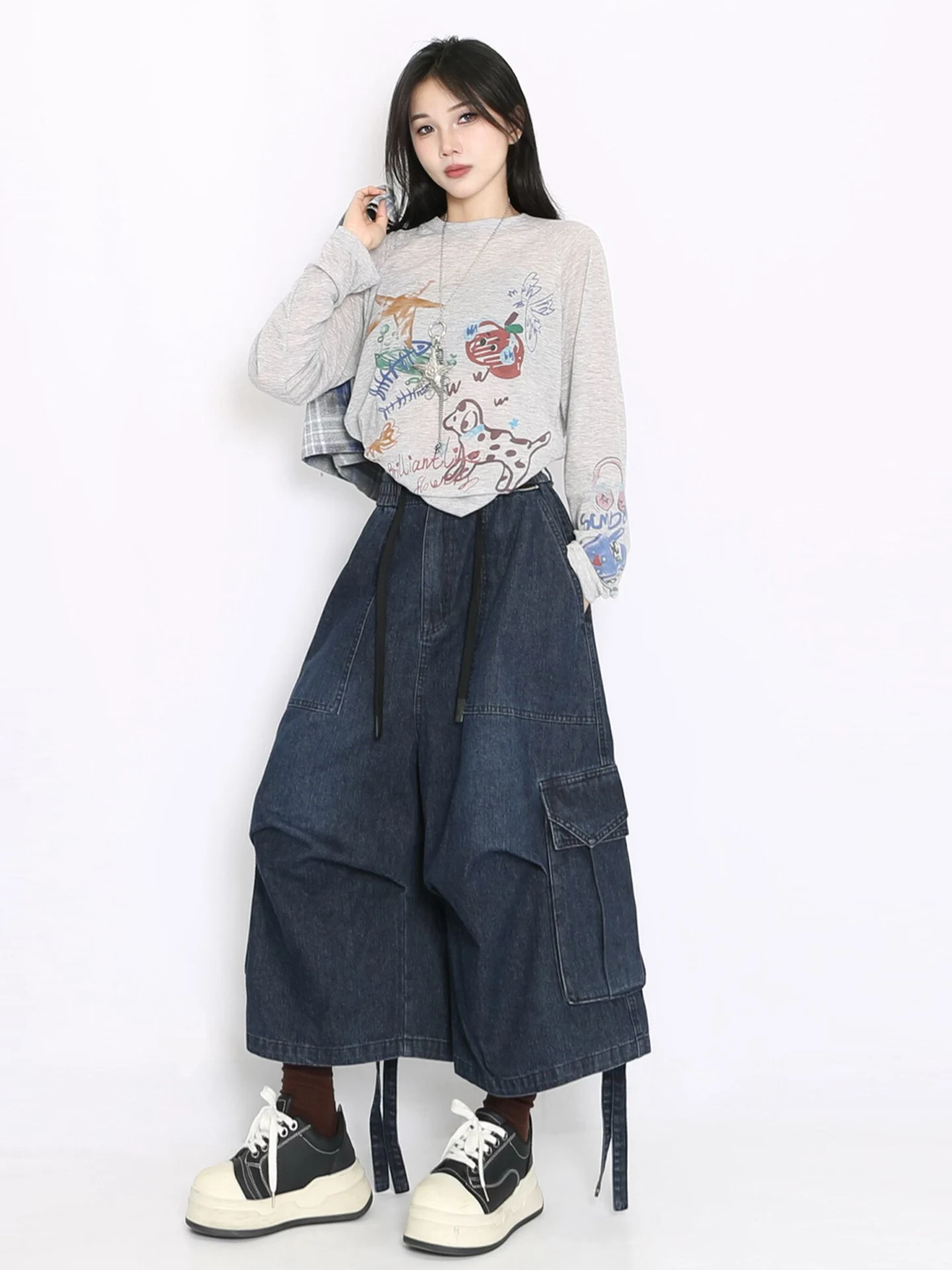 Amerikaanse Sle afneembare sjaal geruite orts dames zomer werkkleding denim losse wijde pijpen zeven broek faion hoge taille