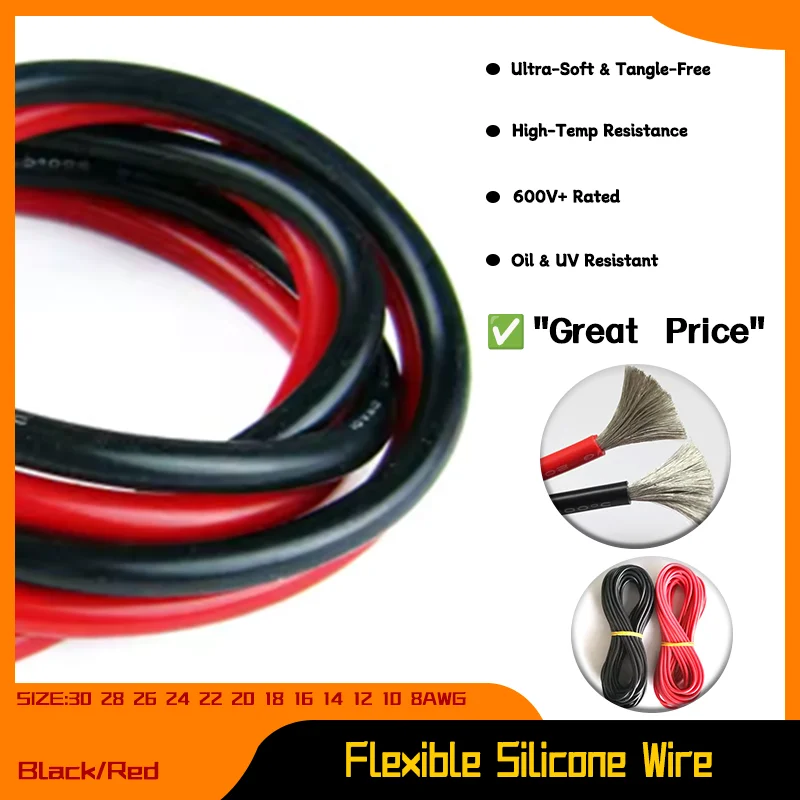 

30 28 26 24 22 20 18 16 14 12 10 8AWG Solar Panel Car Battery Flexible Electric Cable 1/5M Ultra Soft Silicone Wire Black/Red