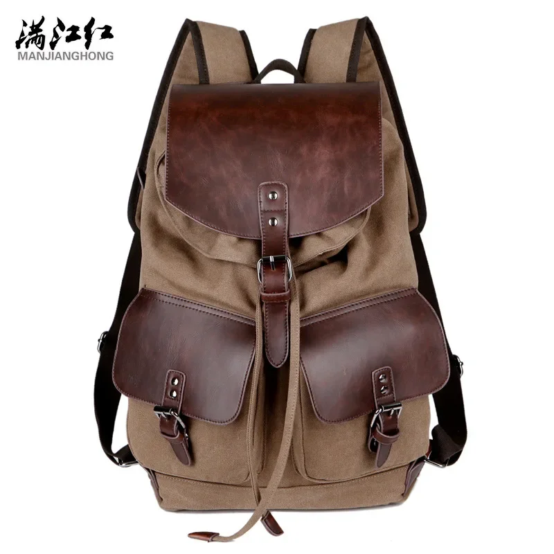 Cross-border special for 2018 new canvas with crazy horse leather men's backpacks outdoor travel large capacity