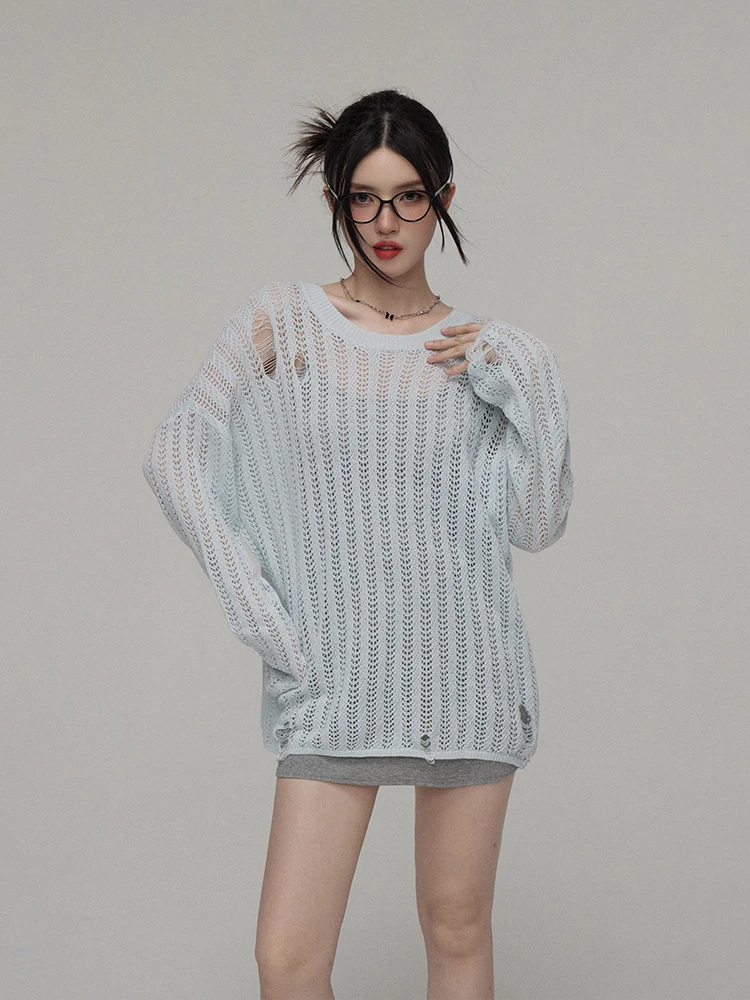 

White Little Fi Lazy Sweet Spicy Me Thin Hollow Knitted Long Sve Sun Protection Cover up Top New Sle 2026 Outerwear