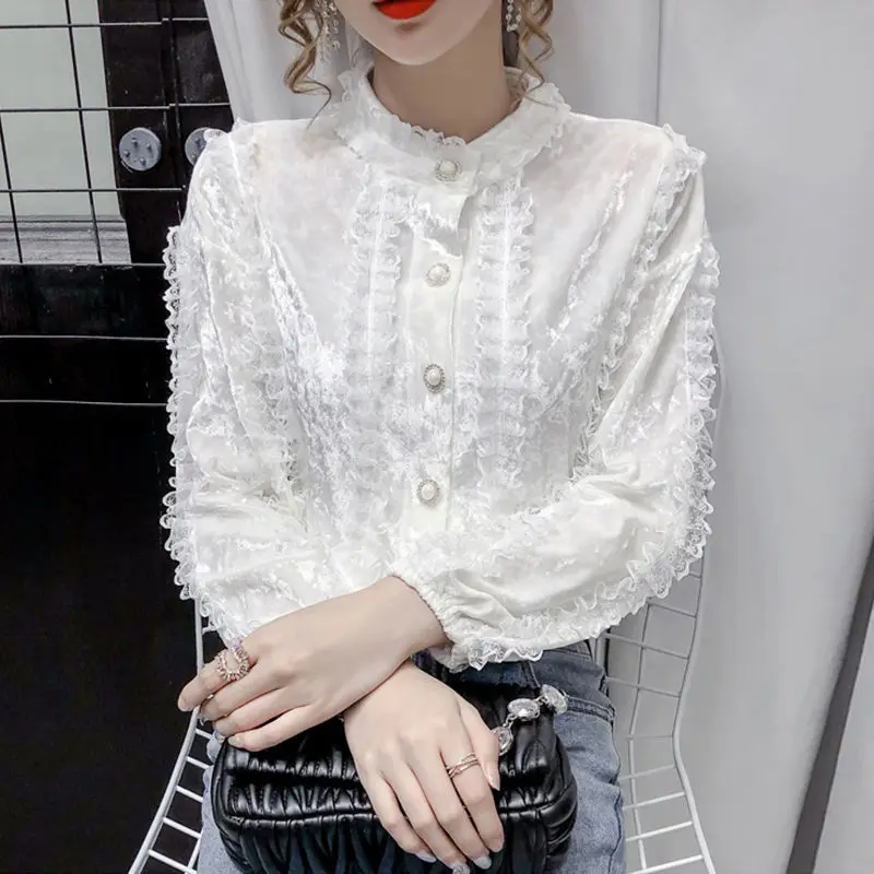 Elegant Stand Collar Button Spliced Lace Ruffles Blouses Women\'s Clothing 2023 Winter Loose Korean Tops Butterfly Sleeve Shirts