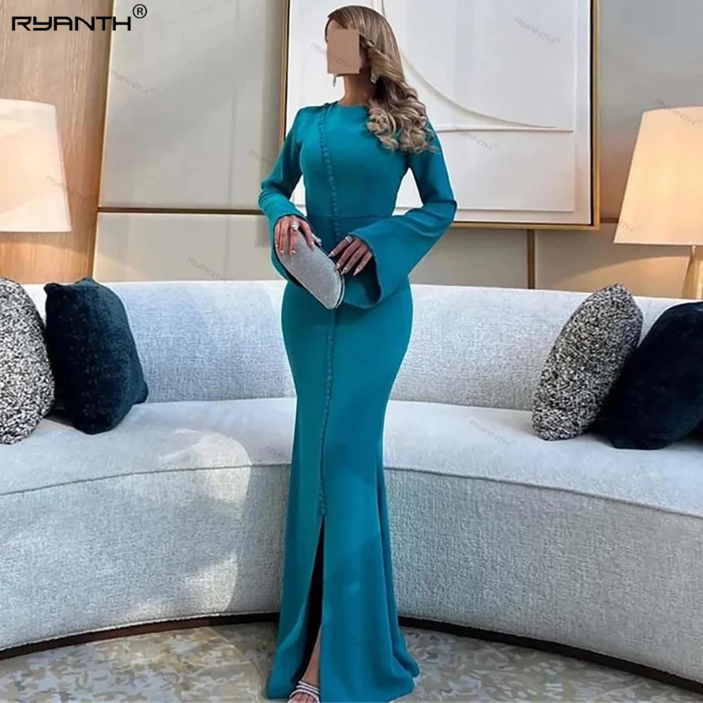 

Ryanth Prom Dress Mermaid Long Sleeve Formal O-Neck Split Button Simple Occasion Party Evening Gown For Women 2024 فساتين السهرة