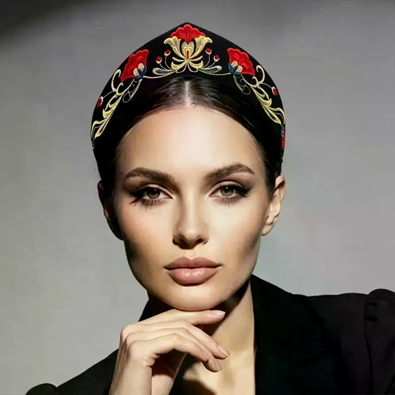Vintage Russian Ethnic Floral Embroidery: Pointed Headband Women Wide Fashion Hair Accessory
