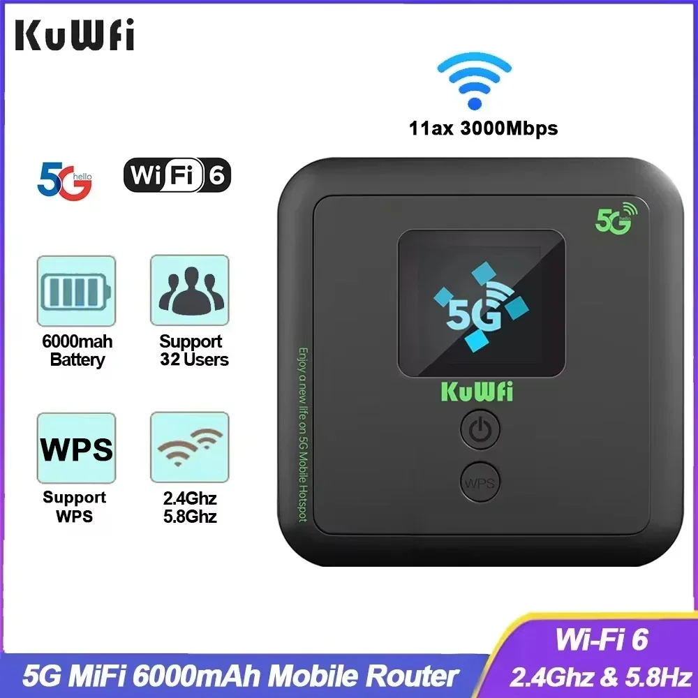 

5G MiFi Router Wi-Fi6 AX3000 Portable Mobile Wireless Dual Band WiFi ESIM Travel Router 6000mAh Battery 32 Users