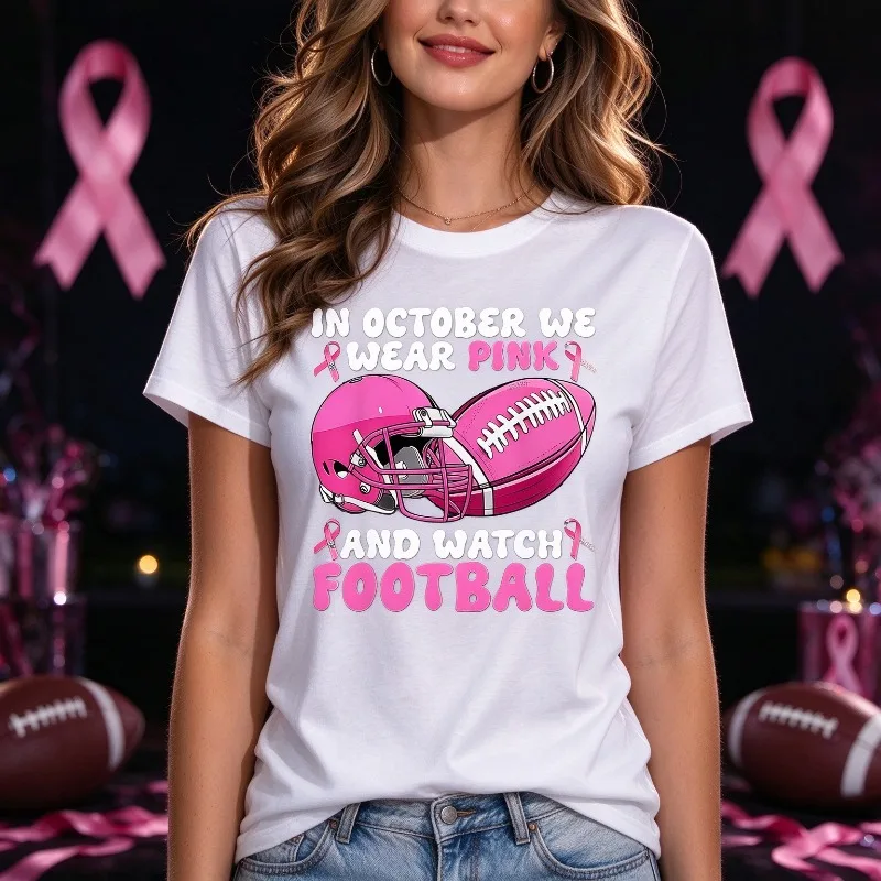 In October We Wear Pink And Watch Football Modal Women T-Shirt Pink Ribbon Football Print Casual Sporty Graphic Tee October Top