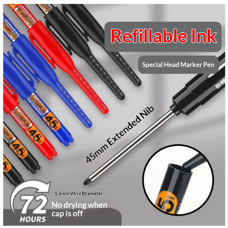 12/2Pcs 45mm Deep Hole Marker Pens Long Nib Head Carpenter Pen Waterproof for Measuring Woodworking Office White/Black/Blue/Red