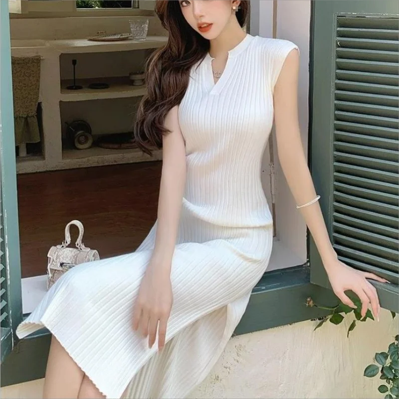 

Knitted Dresses Women's V-neck sleeveless Bodycon Split Midi Dress Celebrity Fashion Banquet Vestidos Summer 2024