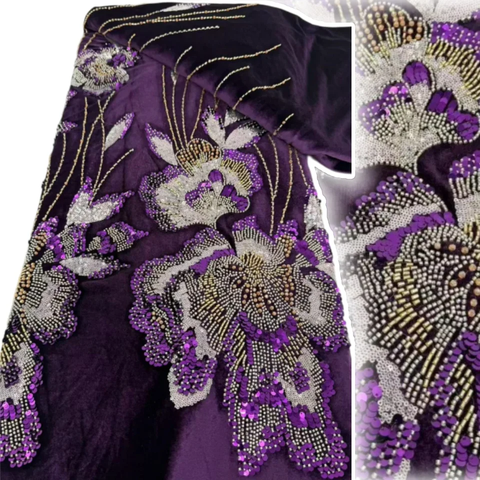 African Lace Fabric 2026 High Qulity Beads Sequins Embroidery Velvet Fabric Fall and Winter for Women Evening Party Dress 3689