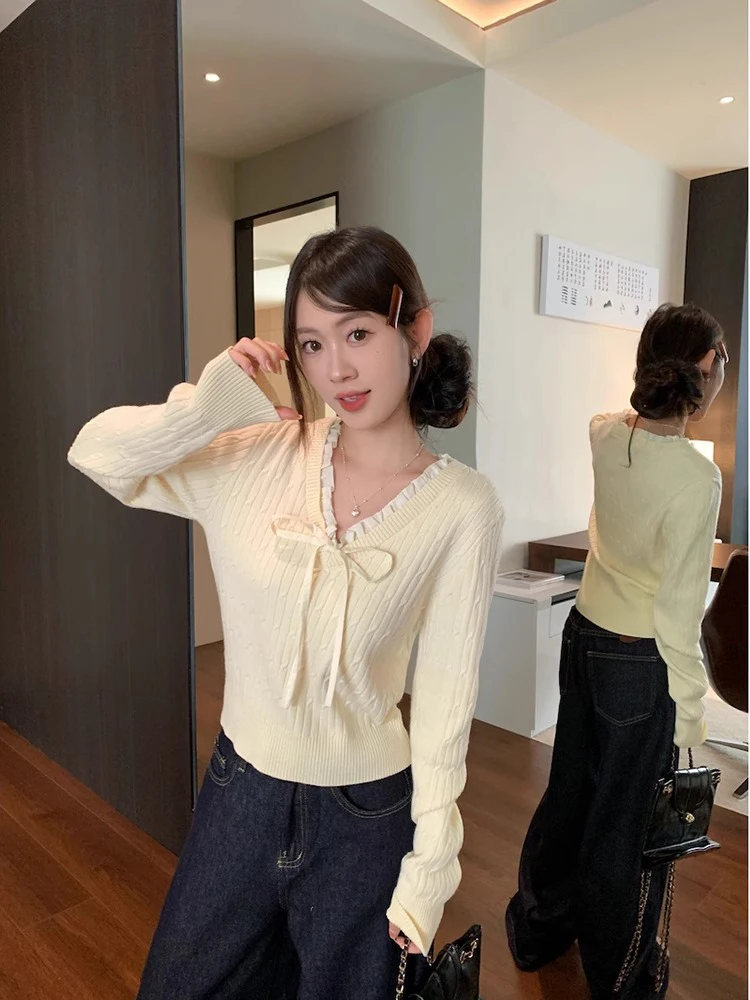 

Slim Fit V-Ne Knitwear Women's Early Autumn Knot Long Sve Twisted Base irt Casual Soft Medium Thin Knit...