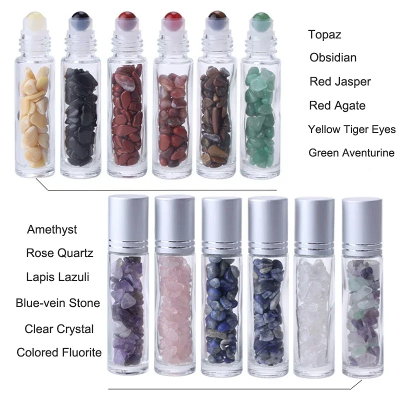 10pcs Essential Oil Bottles Roll On Roller Ball Crystal Chips Semiprecious Stones Bottle 10ml Refillable Perfume Empty Container