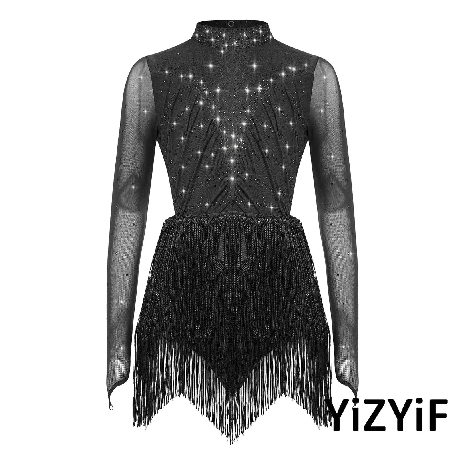 

Kids Girls Gymnastics Ballet Latin Dance Costume Long Sleeve Backless Shiny Rhinestones Jumpsuit Lyrical Latin Dance Wear