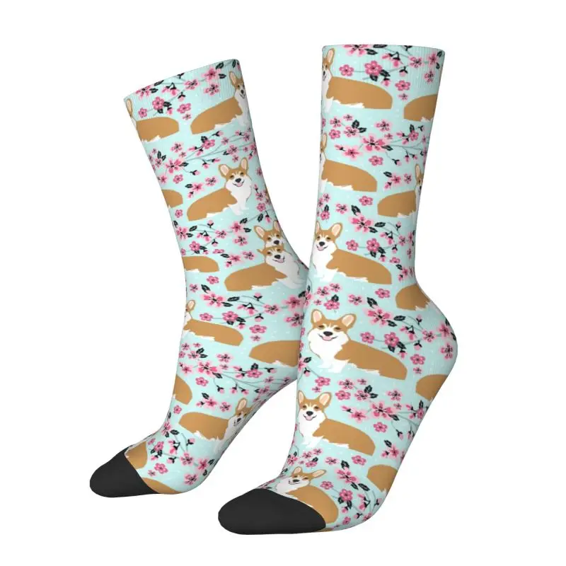 Corgi Cherry Blossom Floral Dog Mens Crew Socks Unisex Novelty 3D Printed Dress Socks