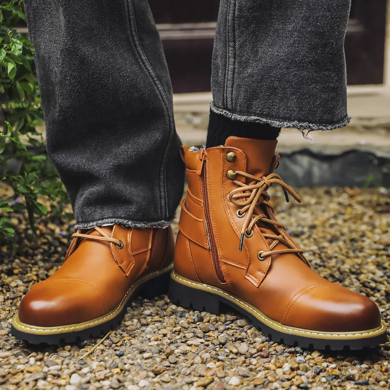 

Autumn Winter Fashion Men Leather Boots Metal Double Zipper Motorcycle Boots Oxford Business Men Ankle Boots Shoes Large Size 48