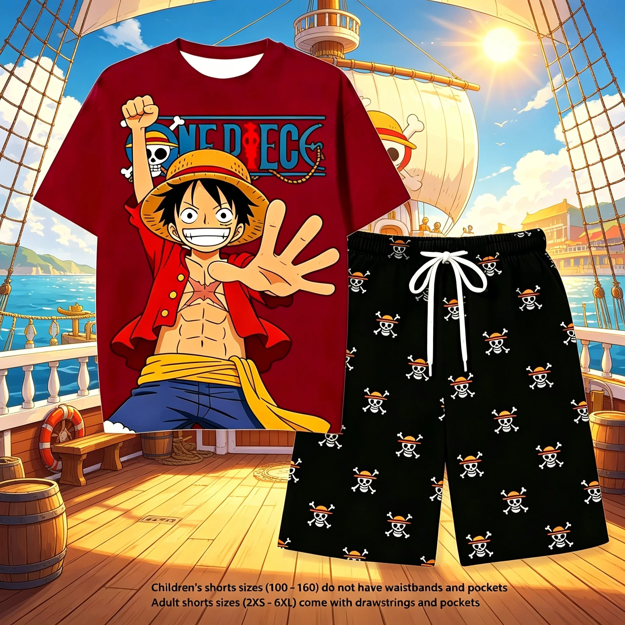 One Piece Anime bedrucktes, weiches Kurzarm-T-Shirt und Shorts-Pyjama-Set für Kinder und Erwachsene, bequeme Loungewear