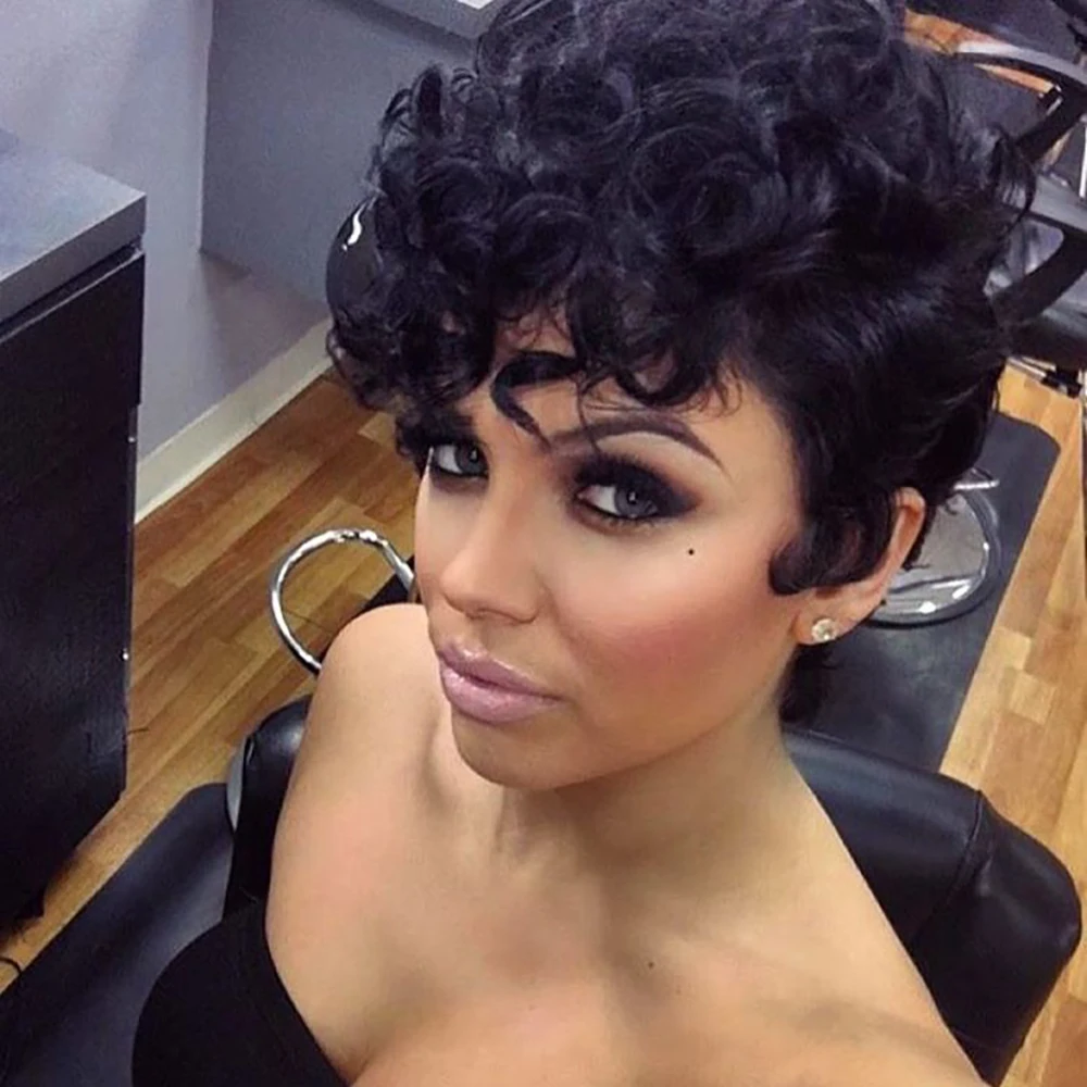 Black Short Curly Pixie Wigs Human Hair 100% Natural Realistic Full Machine Made For Women Bouncy Curl Style Trendy Daily