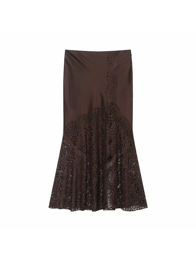 

Women's New Silk Satin Lace Midi Skirt Elegant Waist Long Loose Skirts Fashion Lady Evening Party sexy Robes