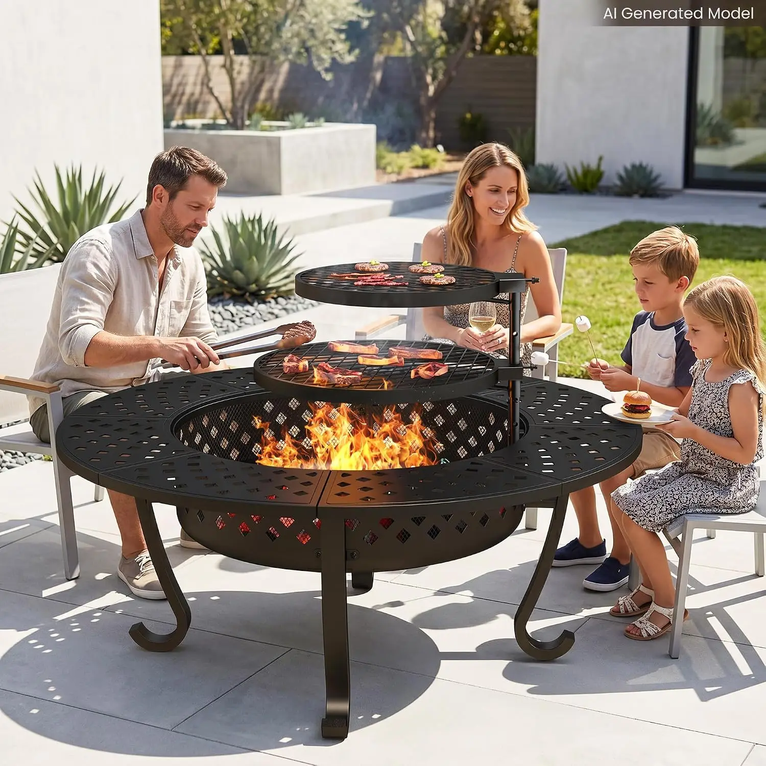 48 Inch Round Metal Fire Pit Table With 2 BBQ Grills Wood Burning Firepit With Lid And Fire Poker Large Outdoor Cooking Station For Backyard Patio Camping Picnic Party Black 1 Pack