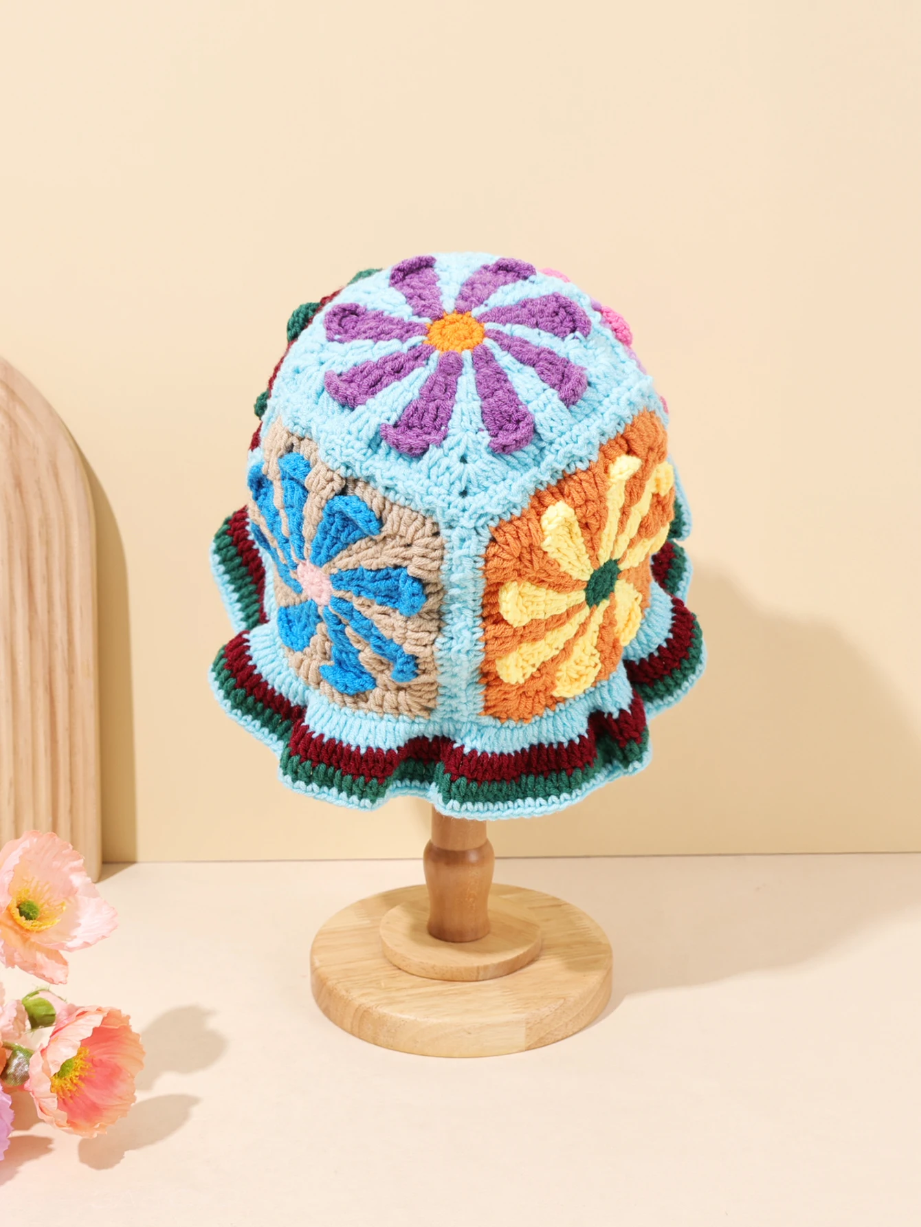 قطعة واحدة "قبعة من الخيزران المنسوجة يدويًا على شكل زهرة متعددة الألوان عتيقة، بوهيمية عتيقة، مناسبة جدًا للتصفيف اليومي، #5