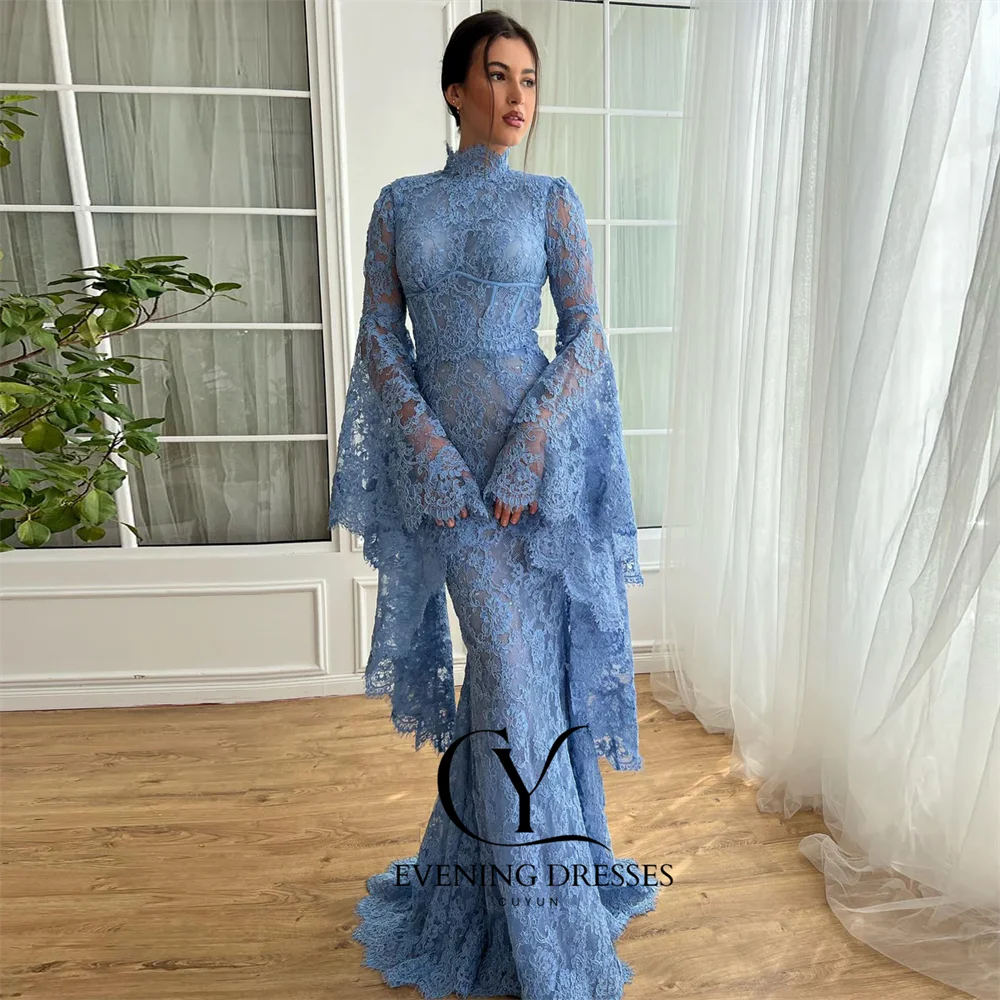 فستان سهرة CUYUN فاخر مخصص باللون الأزرق برقبة عالية وأكمام طويلة مزين بالدانتيل طويل حورية البحر فستان حفلات رسمي للحفلات