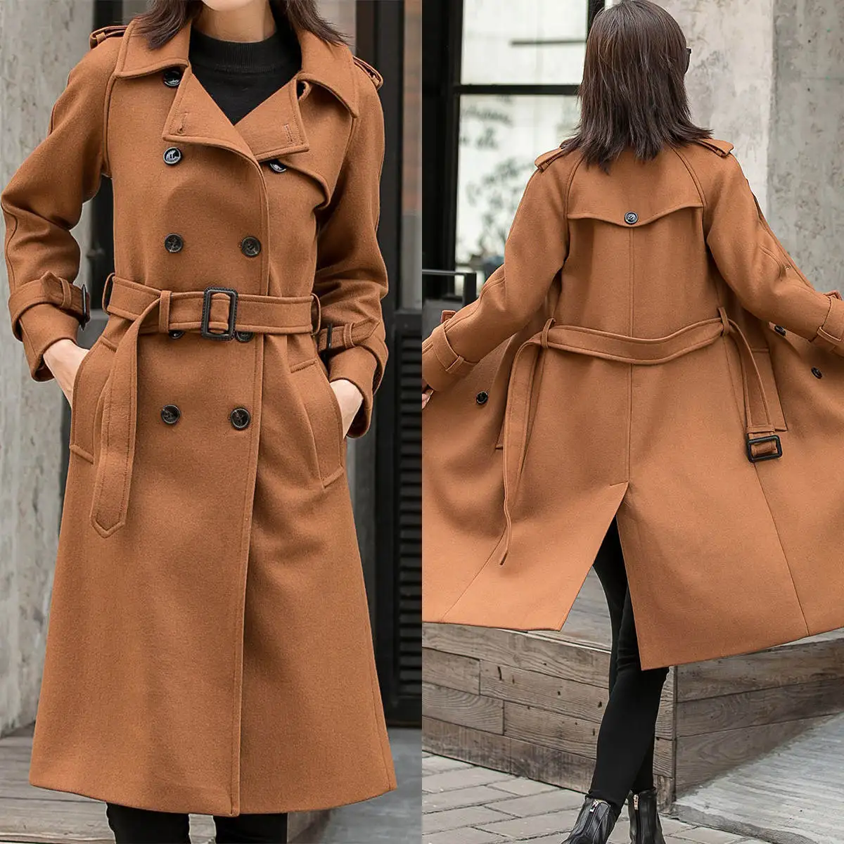 Brown Winter Warm Woolen Women Long Jacket With Sash Slim Fit Blazer One Piece Office Lady Street Wear Customized