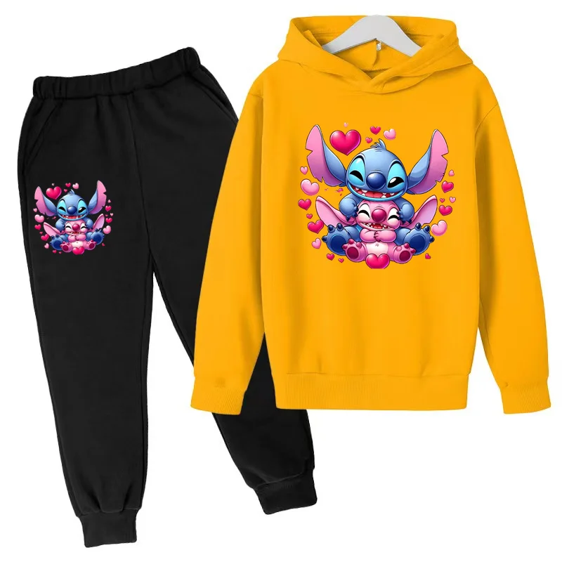 Roze Kinderen Hoodie Stitch Cartoon Print Sweatshirt + Broek 2P Jongens Meisjes Peuter leeftijd 3-12 Meisjes Kleding Pullover Sport Kinderen Set