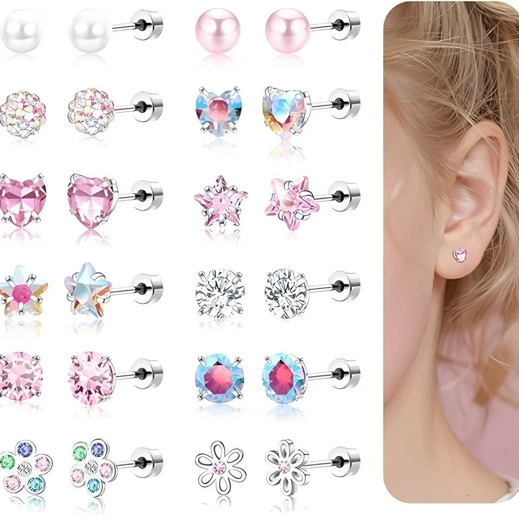 12 Pairs Cute Sweet Enamel Geometric Stud Earrings Set Stainless Steel Multiple Styles Cartilage Piercing Earrings for Daily