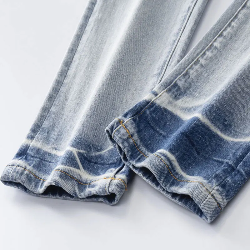 مصمم شارع العليا موضة جديدة جينز أزرق فاتح مثقب رقعة جلدية سوداء غسلها الحنين مطاطا الهيب هوب العلامة التجارية السراويل Y2 #6