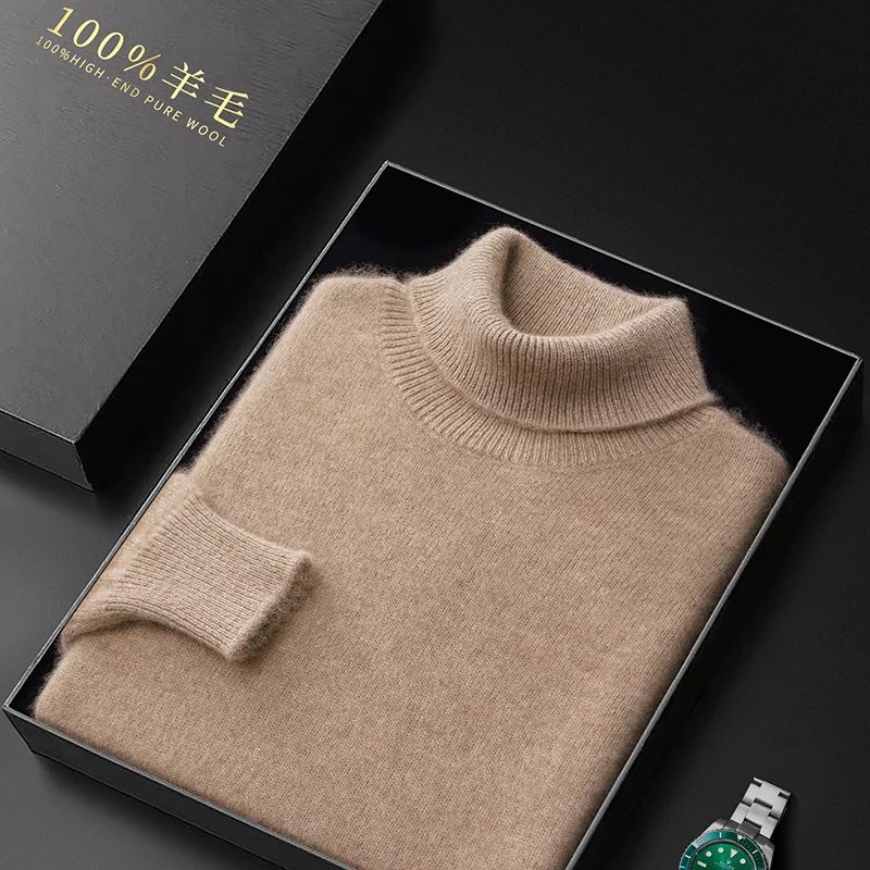 Men's Turtle Neck Autumn And Winter Solid Color Thick Warm Knitted Wool Bottoming Shirt Loose Business Casual Shirt