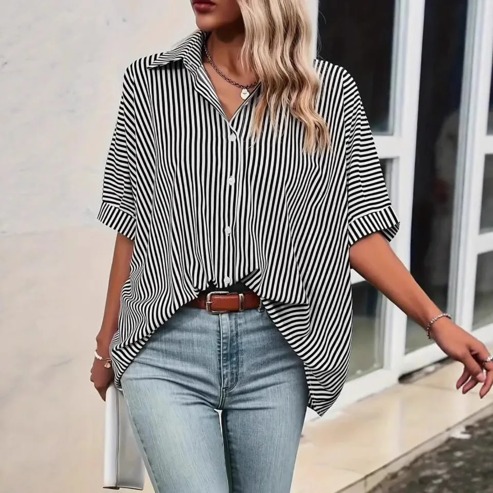 

Womens Striped Shirt Summer Fashion Loose Fit Short Sleeve Top Casual Office Wear