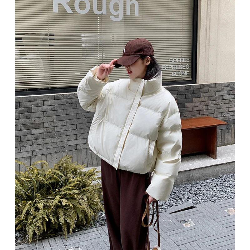 Short Parkas Women Streetwear Pu Leather Cropped Down Coats Winter Korean Puffer Jacket Thick Warm Zipper Cotton Padded Outwears