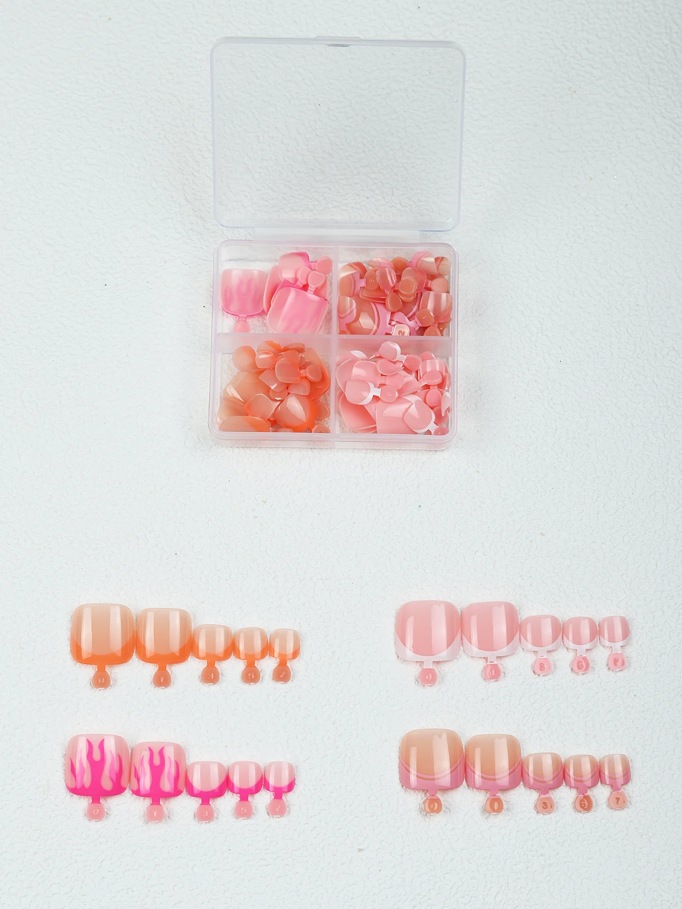 96Pcs Short Square Press On Toenails Flame French/Double Layer Pink French/Orange French/White French Glossy Fake Toenails Full