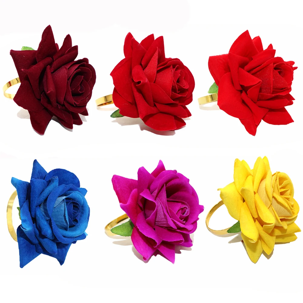 6Pcs Wedding Decoration Artificial Rose Flower Napkin Rings for Valentine\'s Day Bridal Shower Birthday Party Home Decor HWW01