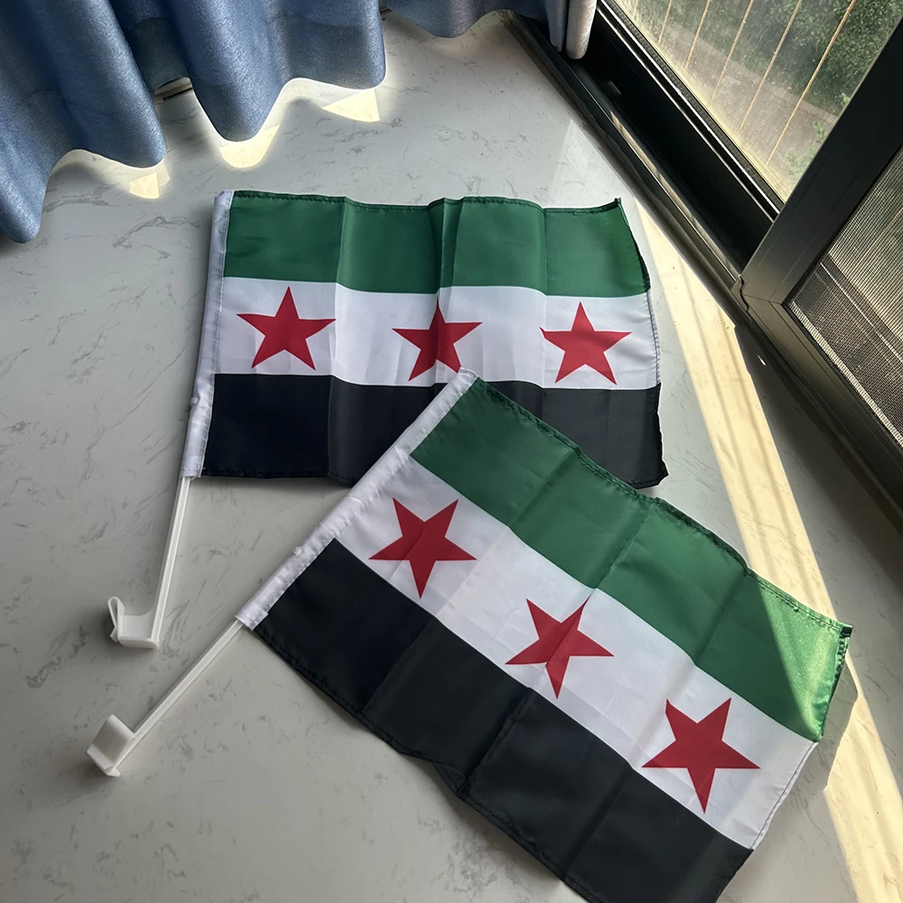 30x45cm Syria Car Flag 12x18inch three star Syrian Window flag Bearer Standard-Bearer Waving Flags with Plastic Flagpole