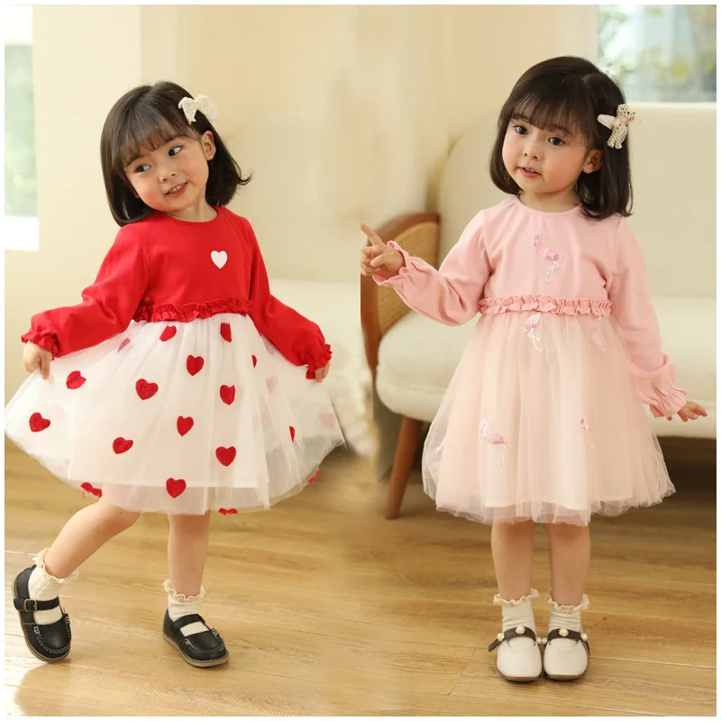 Spring Girls Long Sleeved Love Dress Red Cute Baby Dress 1-6 Years Old Girls Fluffy Mesh Skirt Sweet Children Clothing