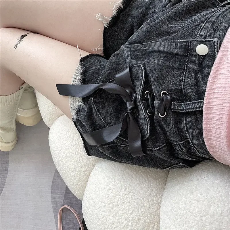 Vrouwen Y2k Shorts Effen Denim Bandage Gescheurd Hiphop Hoge Taille Boog Zoete Vintage Koreaanse Stijl Nieuwe Harajuku Zomer Schoolmeisjes