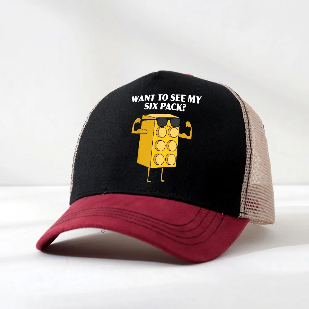 Want To See My Six Pack Bricks Lover Master Builder cartoon printing Baseball Cap for Men Women Outdoor Mesh Breathable Hats