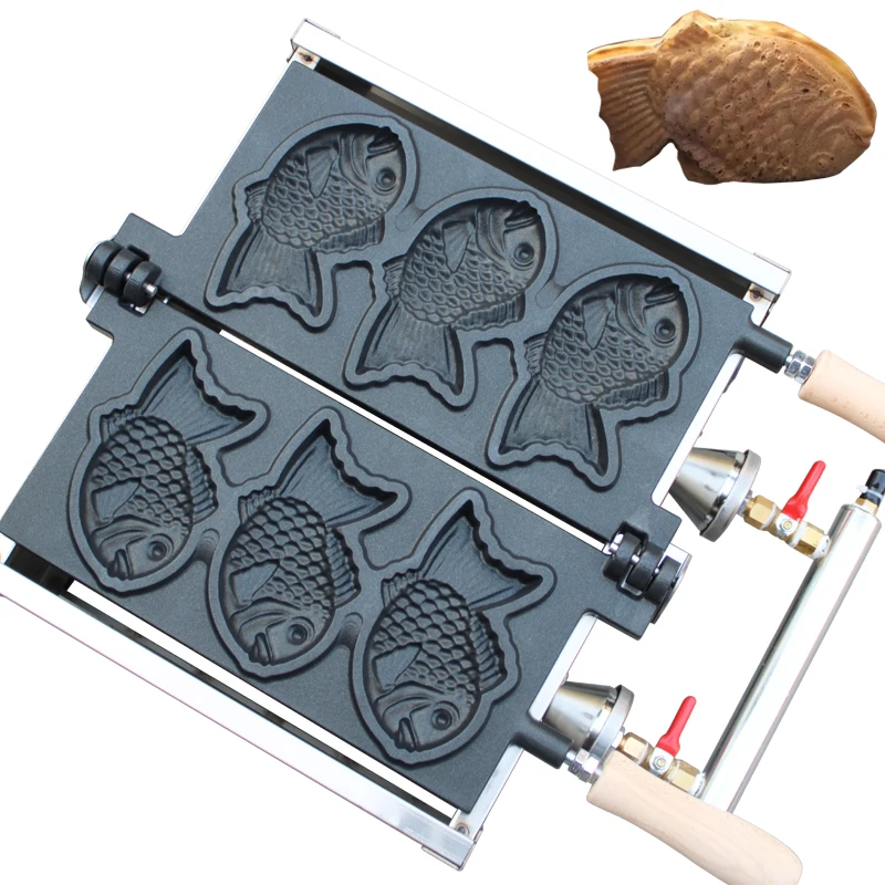 3 pcs LPG gas ice cream taiyaki machine fish shape fish bread waffle cone maker machine not-stick taiyaki waffle maker