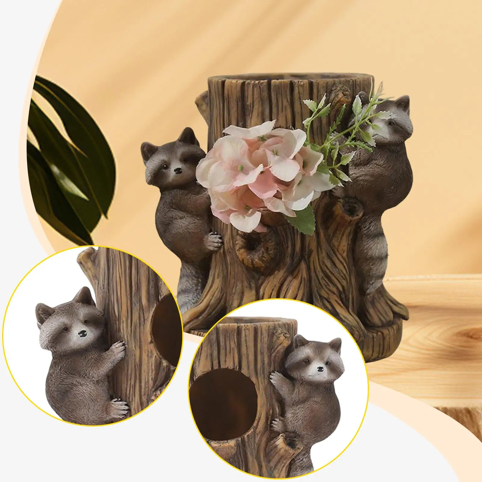

Raccoon Stump Flower Pot Planter Craft Vase Home Decoration Resin Figurine for Indoor Greenhouse Bedroom Living Room Garden