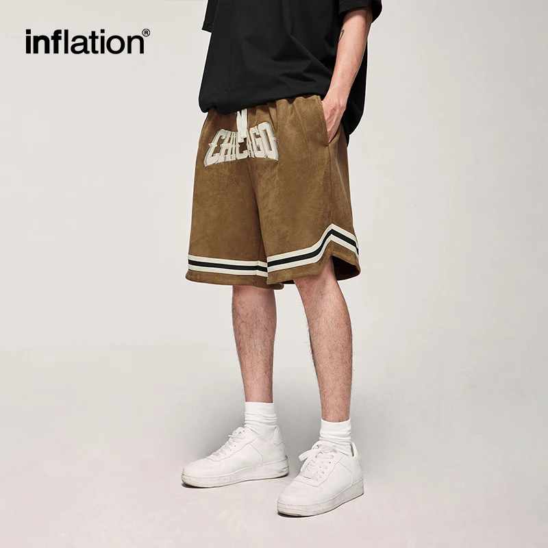 INFLATION Brown Basketball Shorts Men Casual Elastic Waist Faux Suede Sports Shorts