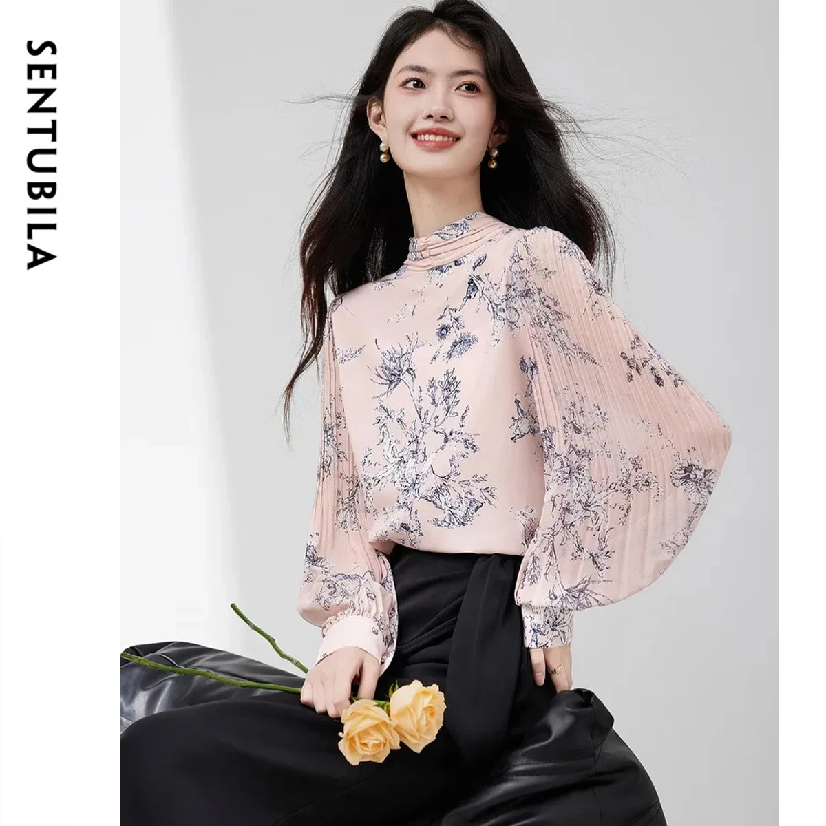 

SENTUBILA Women's Elegant Chiffon Blouse 2025 Autumn Long Sleeve Botanical Floral Print Pleated Workwear Office Top 153VB2615