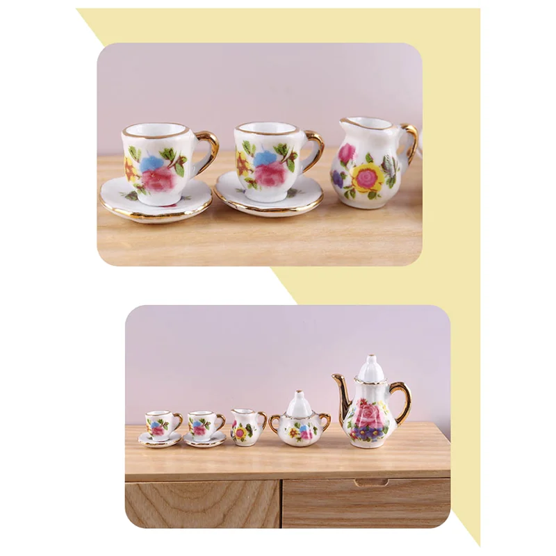 1:12 Miniatur Porzellan Teetasse Set Keramik Geschirr Teekanne Küche Puppenhaus Zubehör Puppenhaus Dekor