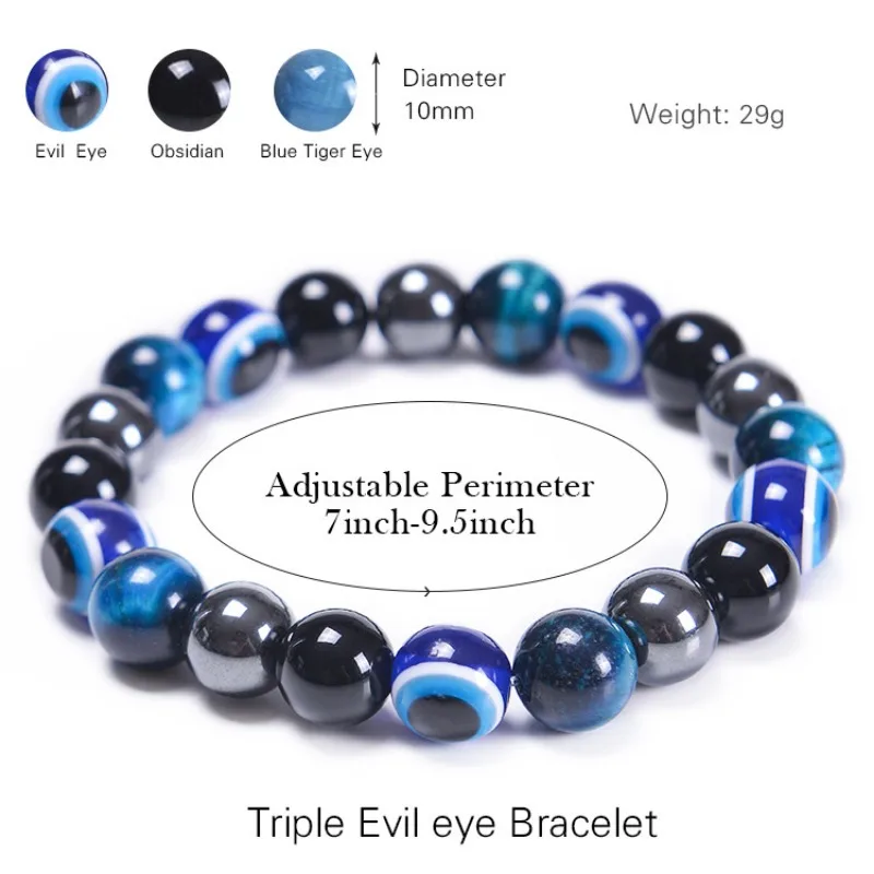 10pcs Turkish Blue Evil Eye 10mm Tiger Eye Stone Beads Energy Hematite Woven Bracelet for Women Men Jewelry