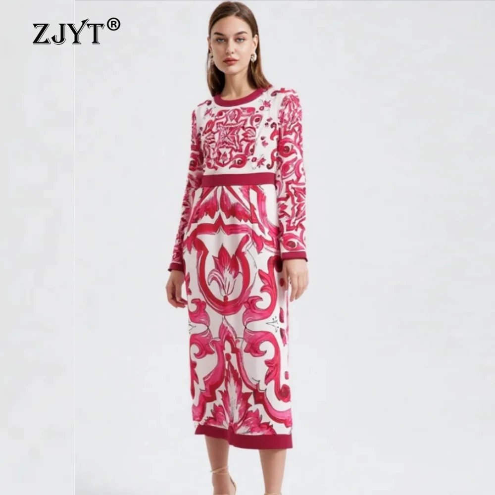 

Распродажа ZJYT: Дешевое весеннее платье с длинным рукавом для женщин, модное красное платье миди с принтом в винтажном стиле, прямое, для вечеринок и праздников, коллекция 2026 года