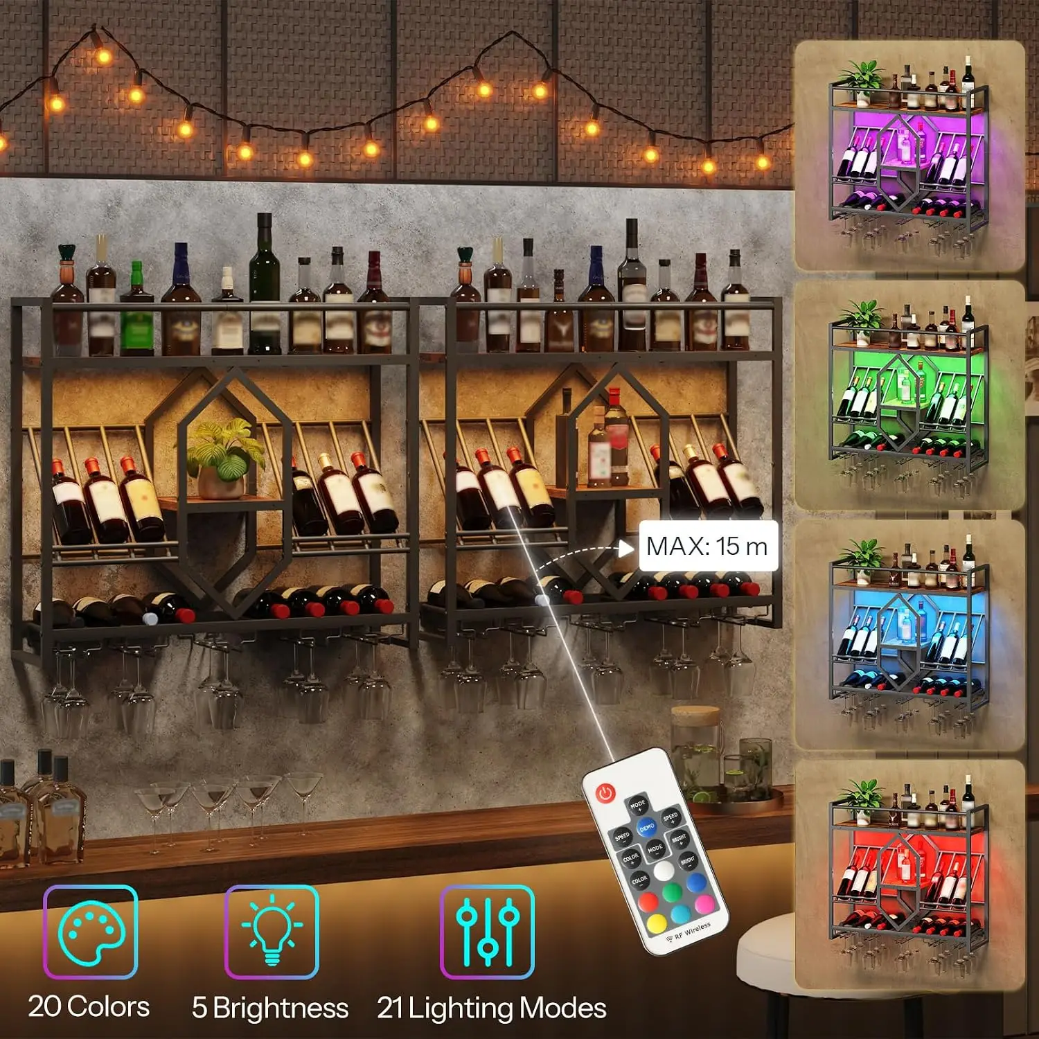 31.5-Inch Hanging Wine Wall Rack, Wall-Mounted Wine Rack with LED Lighting