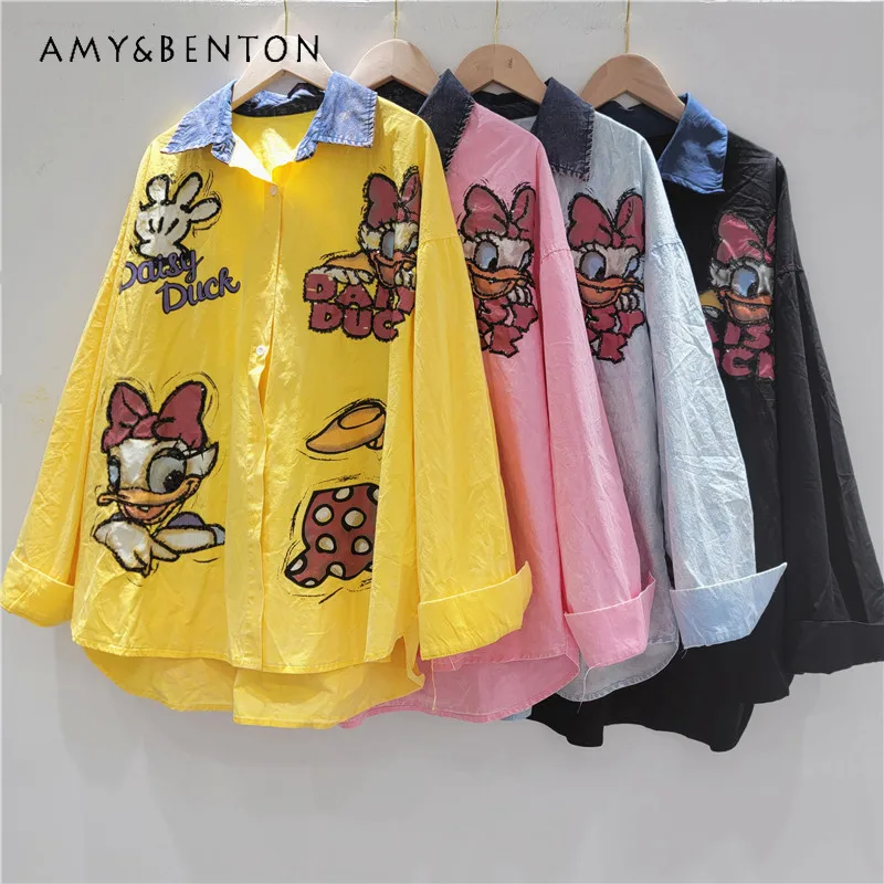 

European Style 2025 New Loose Medium And Long Top Blouse Embroidery Printing Cartoon Long-sleeved Single-breasted Shirt Women