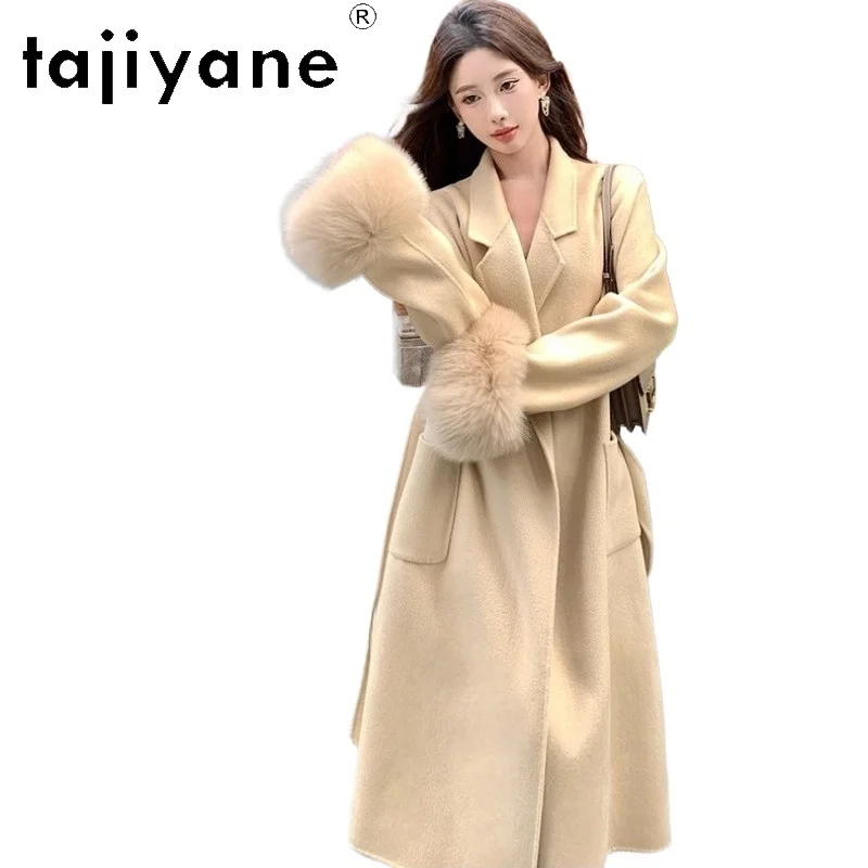 

TAJIYANE длинное женское пальто из 100% шерсти, модные манжеты и пояс из лисьего меха, верхняя одежда, женская одежда, зимние пальто премиум-класса 2025 года, manteaux