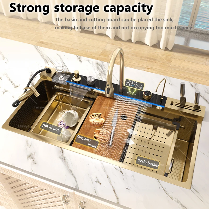 Gold Waterfall Stainless Steel Kitchen Sink Whole Set 100x50cm Large Smart Sink With Pull-out Faucet For Hotel Use